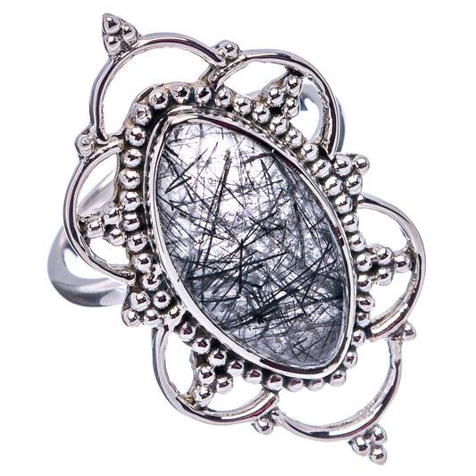 Oval dark tourmalinated quartz ring in .925 sterling silver with beaded prong halo