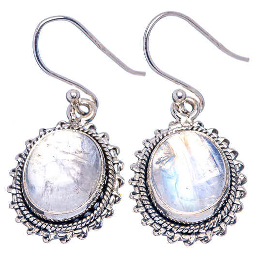 Oval moonstone drop earrings in .925 sterling silver, blue iridescent center, ornate frame