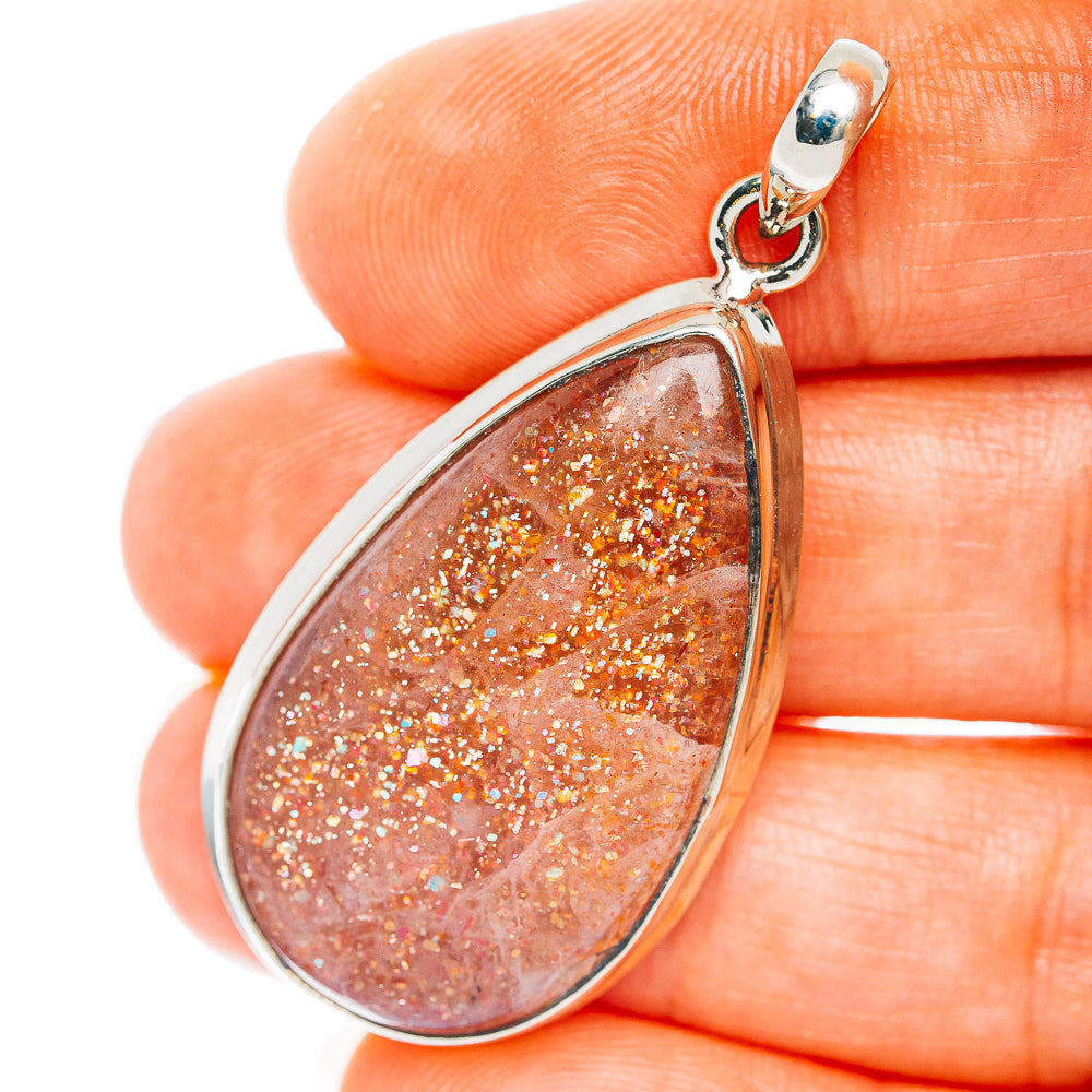 African sunstone pendant, teardrop druzy stone in German silver bezel with loop
