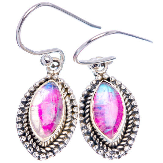 Sterling silver moonstone drop earrings, ornate teardrop bezel with pink-purple center
