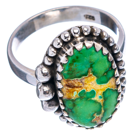Green and gold turquoise cabochon ring in .925 sterling silver with beaded shoulders