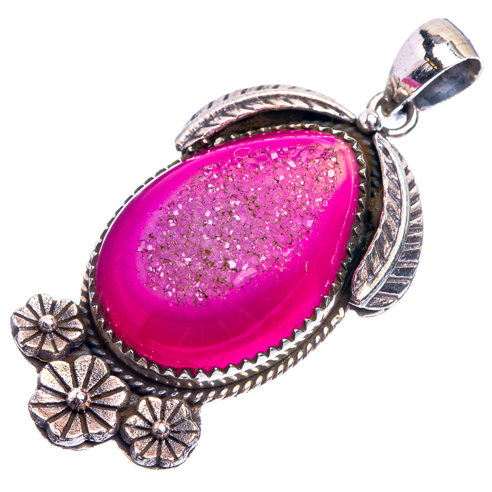 Pink druzy agate pendant, oval bezel set in 925 sterling silver with scroll bail