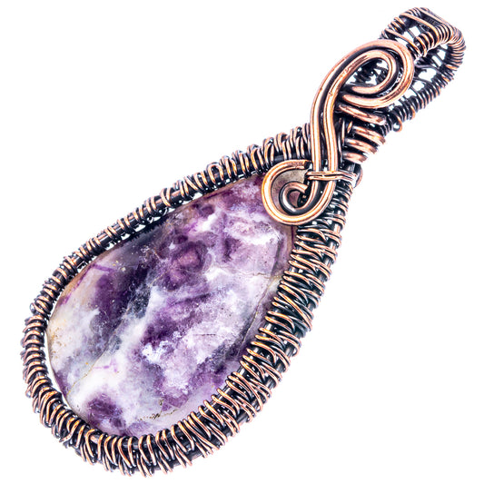 Purple lepidolite teardrop pendant with oxidized copper wire wrap and round bail