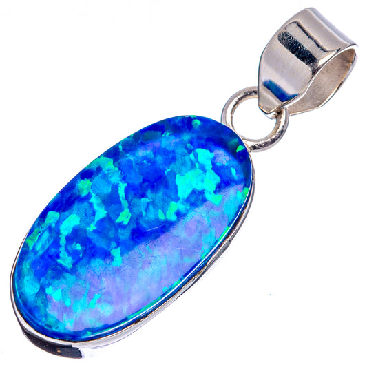 Sterling silver lab opal pendant with blue-green oval teardrop opal stone and bail