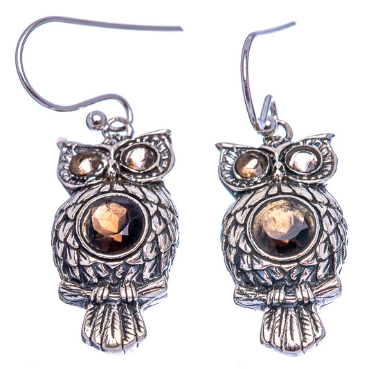 Sterling silver owl earrings with smoky quartz accents and fishhook backs
