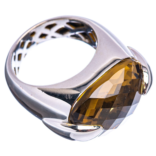 Sterling silver ring with dark amber faceted gemstone, polished band and bezel
