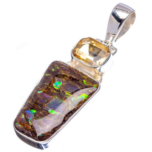 Sterling silver pendant bail with yellow square stone over iridescent multicolor ammolite