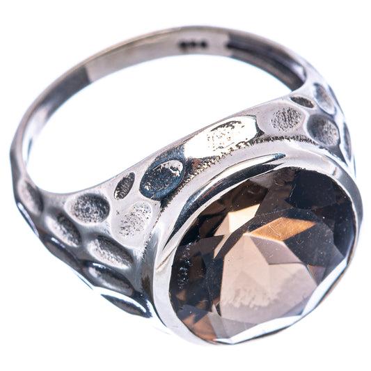 Textured .925 sterling silver ring with large dark oval smoky quartz and side profile setting