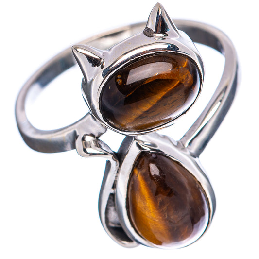 Sterling silver cat ring with raised oval tiger eye stones in cat silhouette