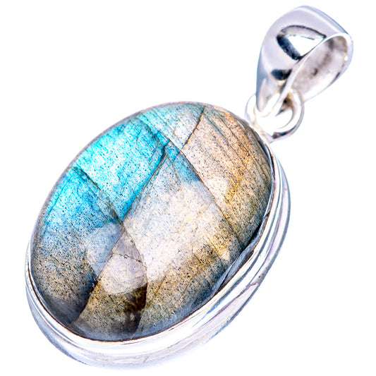 Oval labradorite pendant with blue-gray stone, silver bezel and hanging bail