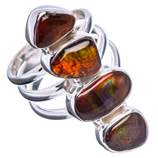 Sterling silver fire agate ring, four oval cabochons in red, amber, and green shimmer