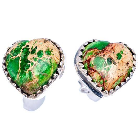 Pair of heart sea sediment jasper earrings with silver bezel settings