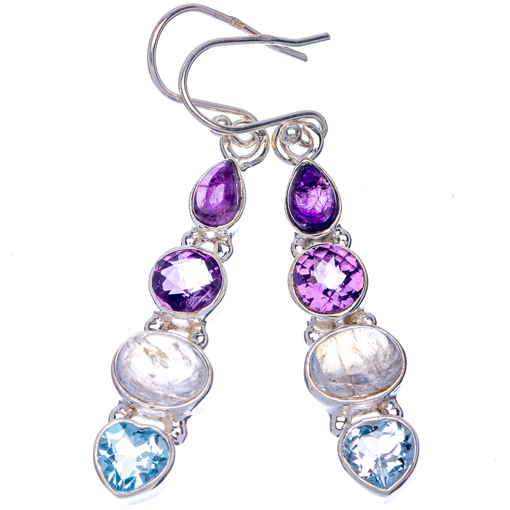 Sterling silver drop earrings with purple amethyst and blue topaz, plus moonstone drops