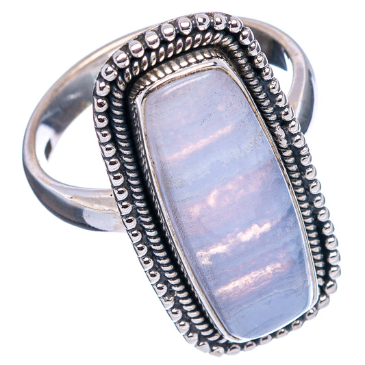 Sterling silver ring with oval blue lace agate stone, stacked bead border