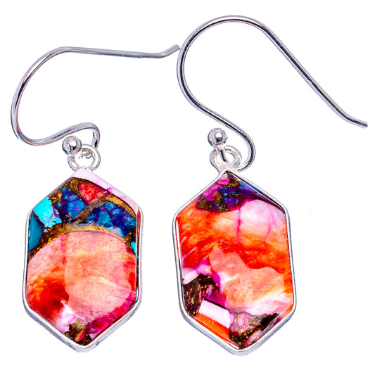 Pair of sterling silver dangling teardrop earrings, vibrant orange, pink, and blue mosaic