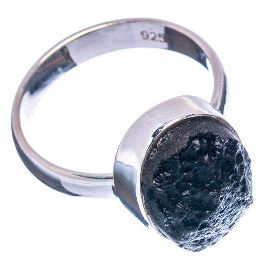 925 sterling silver tektite ring, shiny band with black tektite bezel and side view
