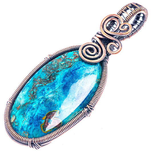 Oxidized copper teardrop pendant with wire coils and blue-green shattuckite cabochon