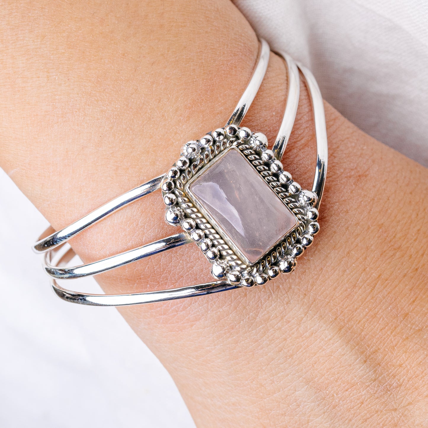 Rose Quartz Cuff Bracelet Adjustable (925 Sterling Silver) B90430