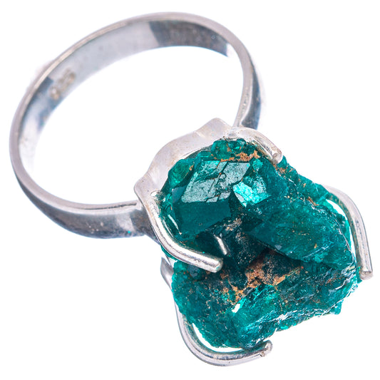Size 6 sterling silver ring with raw green dioptase crystal, open prongs