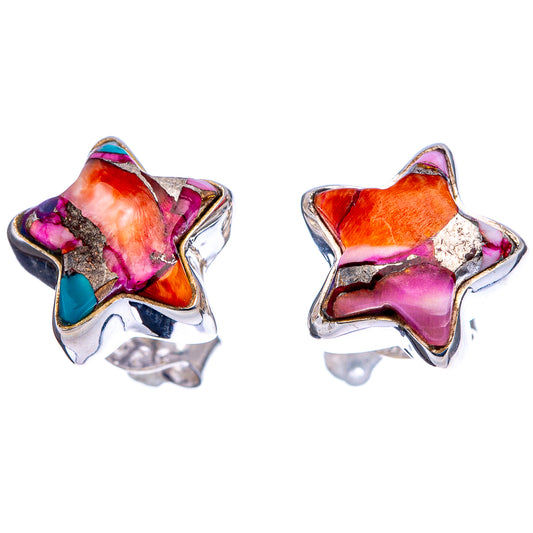 Pair of star earrings in 925 sterling silver with multicolor pink, orange, purple, turquoise inlays
