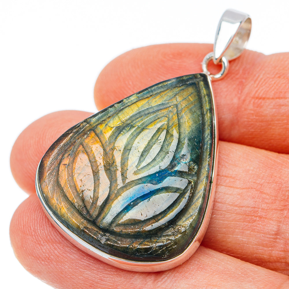 Hand Carved Premium Labradorite Pendant 1 3/4" (.925 Sterling Silver)