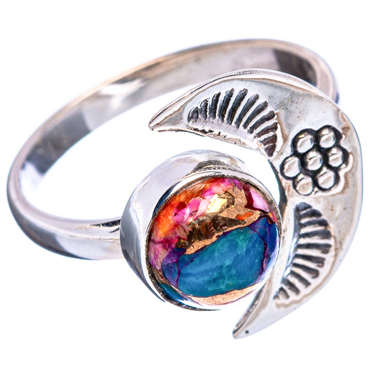 Adjustable sterling silver ring with oval multicolor stone and engraved leaf motifs