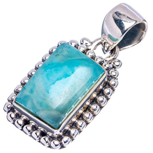 Rectangular turquoise larimar pendant, .925 sterling silver beaded setting, top bail