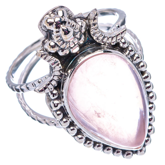 Rose quartz teardrop ring in .925 sterling silver, openwork sides and scalloped bead bezel