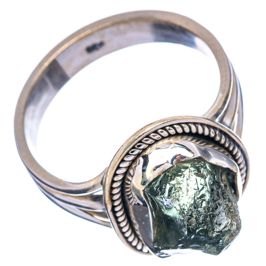 Sterling silver ring with oval green moldavite stone, rope-textured bezel