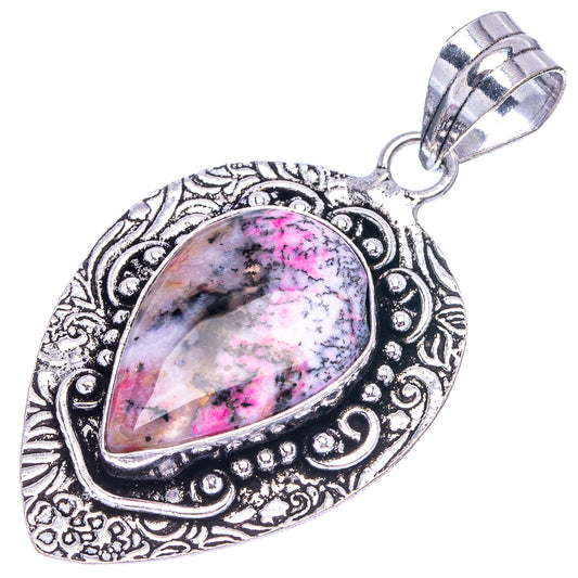 Ornate silver bail pendant featuring oval pink-violet dendritic opal cabochon