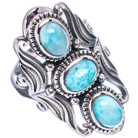 Sterling silver statement ring with three oval larimar cabochons, carved swirls, size 7