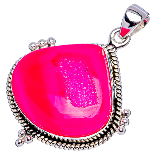 Sterling silver druzy agate pendant with pink teardrop stone, braided edge and loop bail