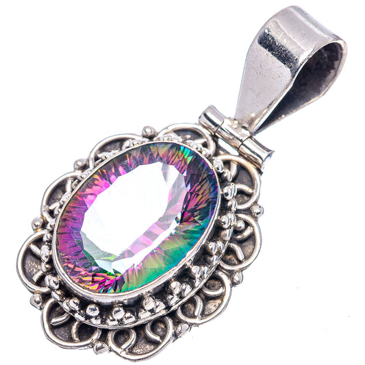 Sterling silver Mystic Topaz pendant with oval rainbow gemstone and filigree edge, bail top