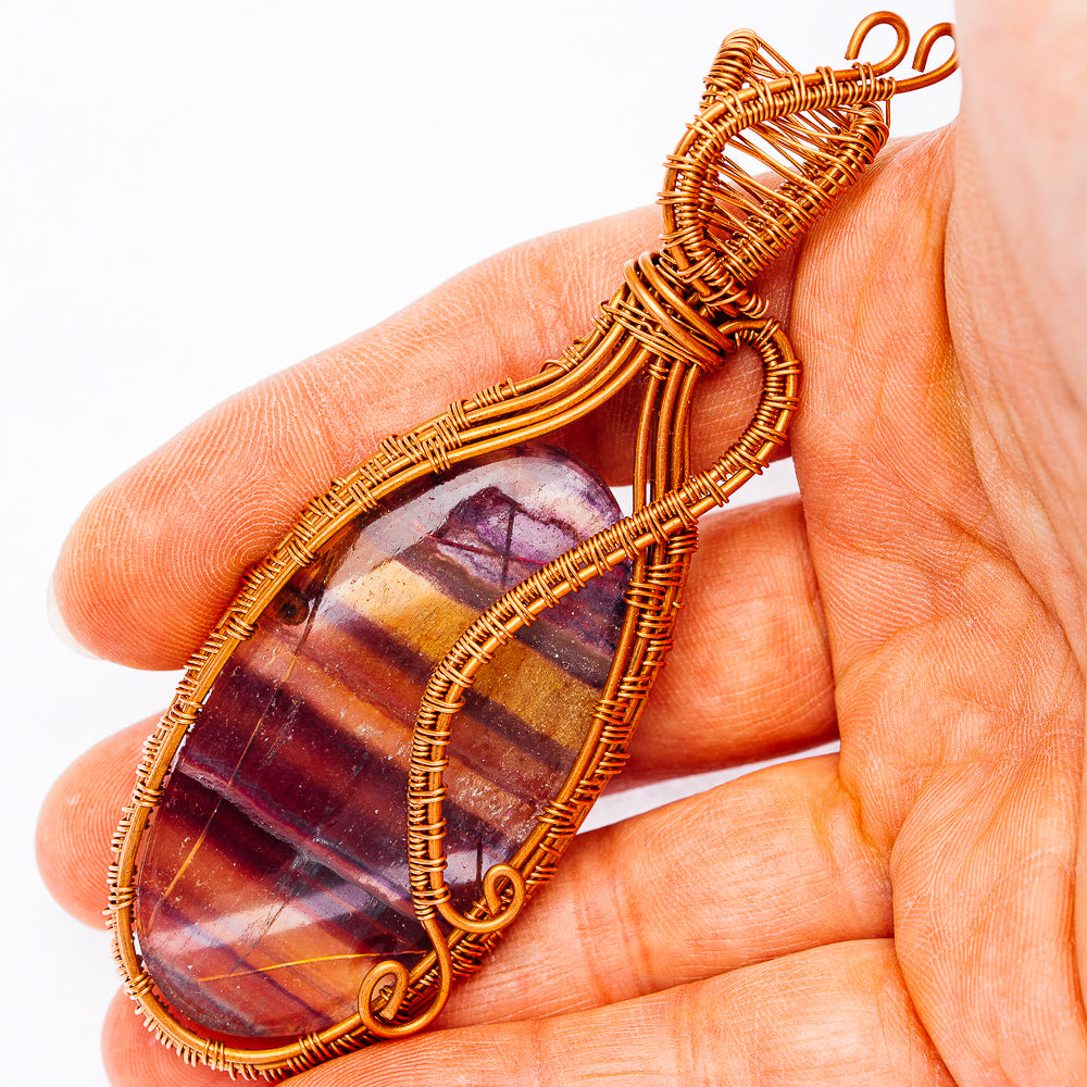 Banded Fluorite Wire Wrap Pendant 3 5/8" (Copper)