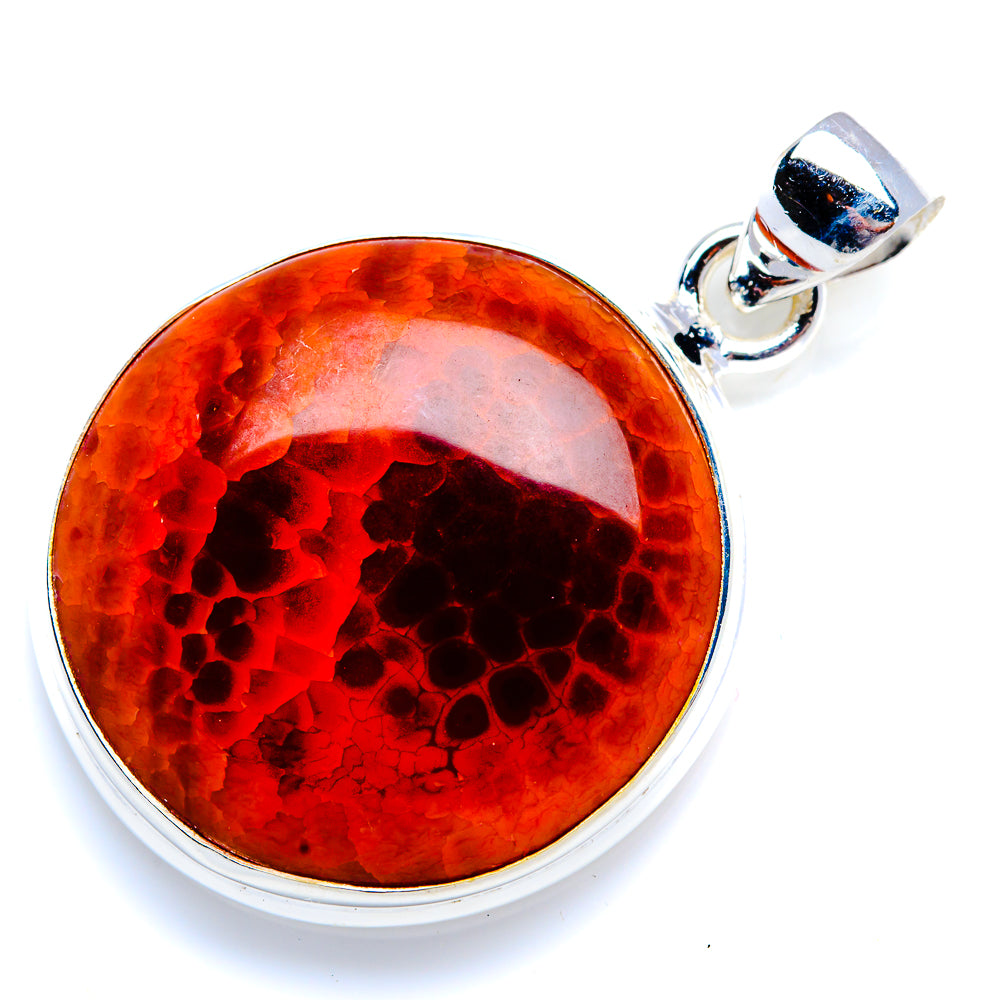 Round fire agate pendant in 925 sterling silver bezel, orange-red stone with polished bail