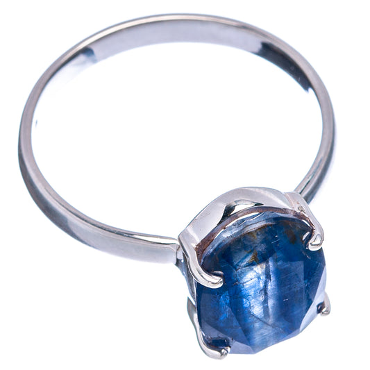 Oval blue kyanite ring in .925 sterling silver with three prongs and smooth band