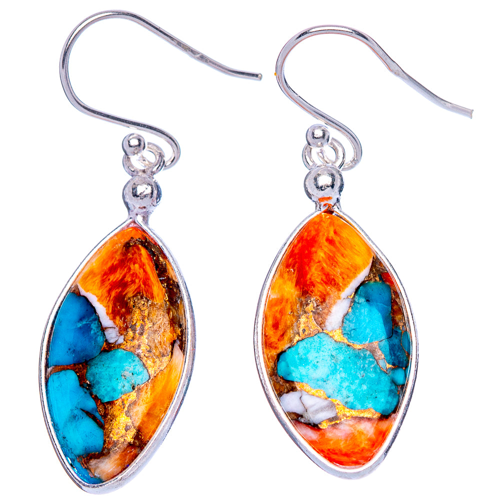 Pair of oval spiny oyster earrings with turquoise and amber stones, silver fishhook