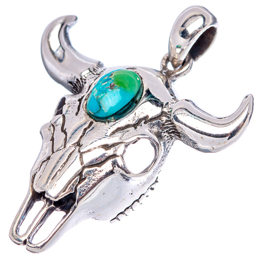 Turquoise cow skull pendant in .925 sterling silver, side view with turquoise cabochon loops