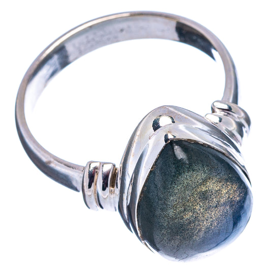 Oval labradorite gemstone ring, .925 sterling silver band, dark blue-gray stone