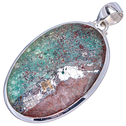 Sterling silver oval pendant with green turquoise and red-brown stone cabochon