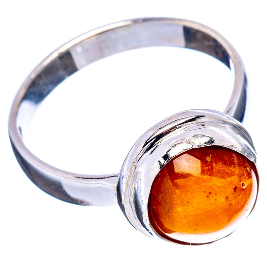 Round amber cabochon ring, .925 sterling silver band, size 6.75, side view