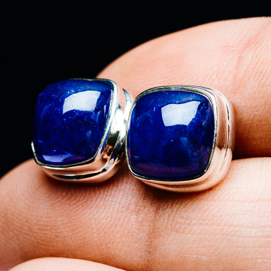 Square tanzanite blue gemstone stud earrings with polished .925 sterling silver bezels