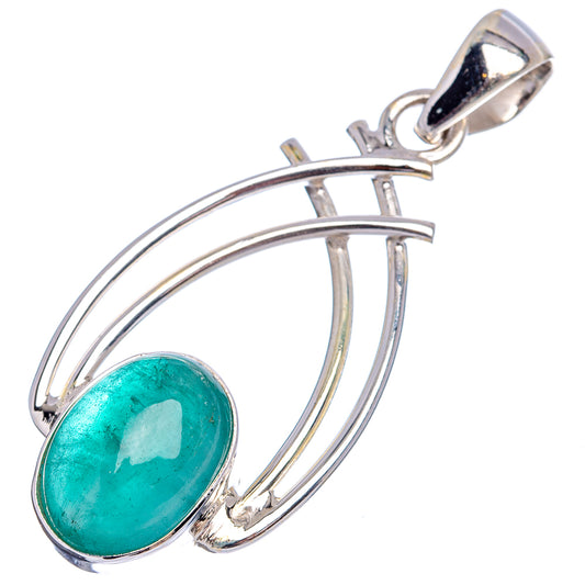 Sterling silver pendant with oval teal-green emerald and open arc metal loops