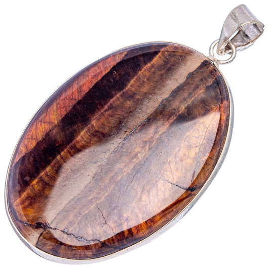 Silver-plated oval stone pendant with tiger's eye banding in brown, gold, and gray