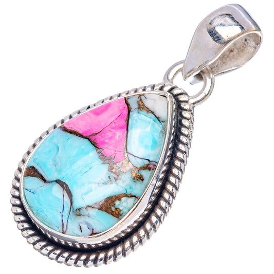Teardrop turquoise pendant in .925 sterling silver with pink and blue stone, loop bail