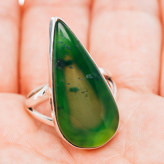 Green nephrite jade cabochon teardrop ring in .925 sterling silver, side view