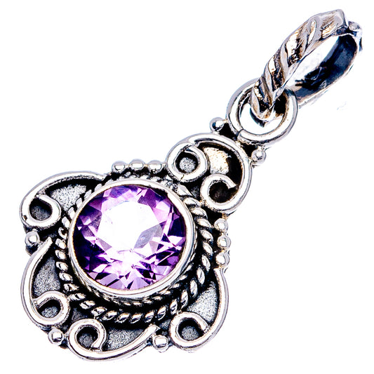 Sterling silver amethyst pendant with round purple gemstone and decorative bail loop