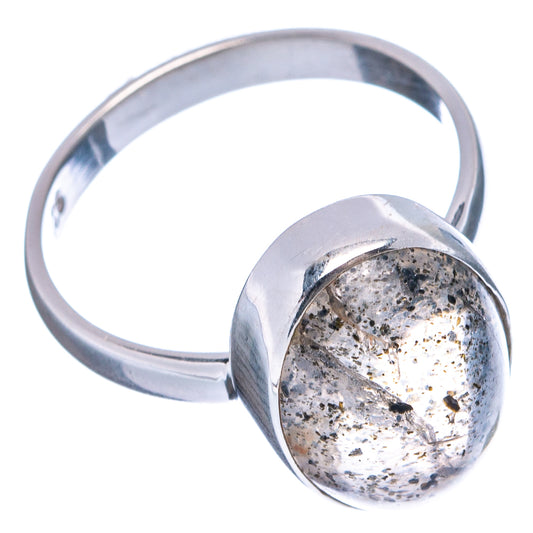Sterling silver ring with oval black speckled rutilated quartz cabochon bezel setting