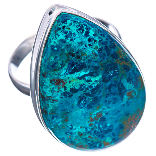 Sterling silver shattuckite ring with large oval turquoise-blue cabochon in metal bezel