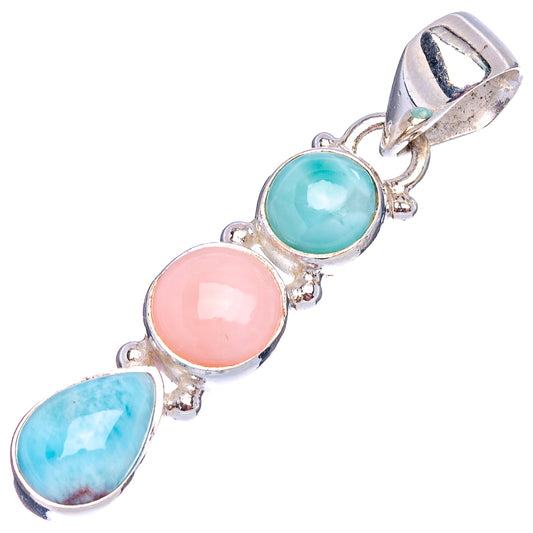 Pink opal and larimar-style triple oval sterling silver pendant with bail
